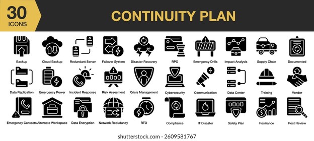 Continuity Plan solid icon set. Includes cloud, backup, security, management, and More. Solid icons vector collection.