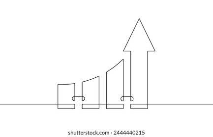Dibujo de línea continua de gráfico. Icono de crecimiento empresarial. Vector de ilustración de la flecha hacia arriba. Una sola línea de gráfico de barras. Objeto una línea de flecha creciente