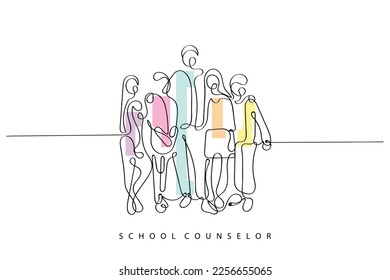 Continuosu line art vector of a school counselor standing with a bunch of students around. Students and teacher concept art.