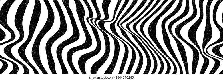 Continuous abstract bg with noise texture and black and white stripes. Zebra design. Optical illusion. Simple wavy vector illustration of psychedelic