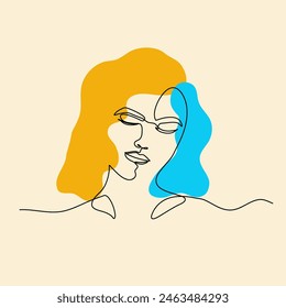 Continuous abstract lineart of a woman's face in yellow and blue, for wallpaper, wall print, poster. Modern minimalist aesthetic style	
