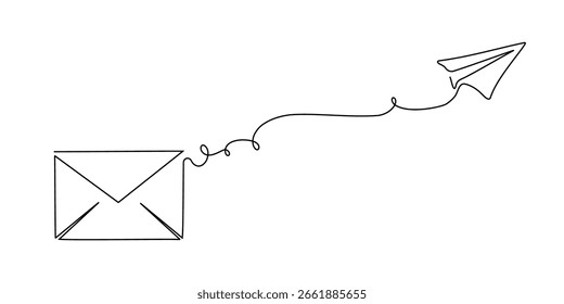 Contínuo art mail um ícone de linha e-mail carta vetor mensagem em papel. Linha de arte e-mail esboço contínuo newsletter esboço plano de contato ilustração negócio único doodle seta viagem enviar mosca