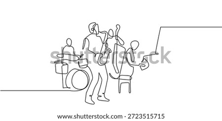 A continuous art style a jazz band with the main character playing the saxophone. line art on transparent background