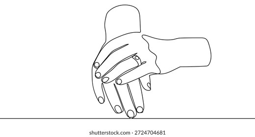 A continuous artistic line hands clasped together, with a ring placed on the ring fingera wedding ring. line art on transparent background