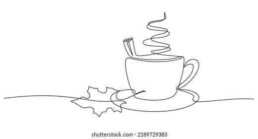 continuo de la bebida caliente del otoño y la ilustración vectorial de la hoja de arce. una taza con vapor y decoración de canela y hojas de arce.