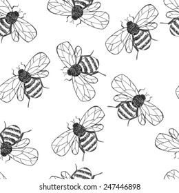 Continuous background pattern of bumblebees. Hand illustrated in gray scale.
