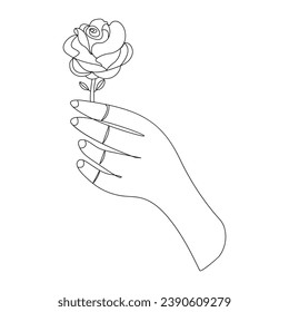 Continuous Beautiful Rose flowers single line art vector drawing of hand holding
