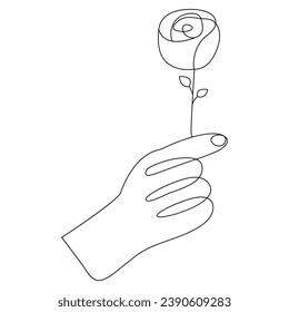 Continuous Beautiful Rose flowers single line art vector drawing of hand holding