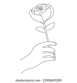 Continuous Beautiful Rose flowers single line art vector drawing of hand holding