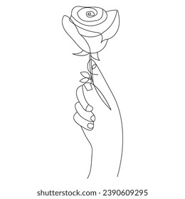 Continuous Beautiful Rose flowers single line art vector drawing of hand holding