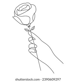Continuous Beautiful Rose flowers single line art vector drawing of hand holding