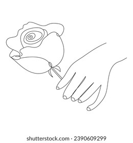 Continuous Beautiful Rose flowers single line art vector drawing of hand holding