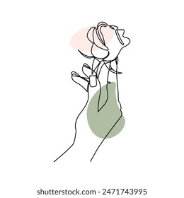 Continuous Beautiful Rose flowers single one line art vector drawing of hand holding
