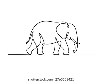A continuous black line drawing depicts a fullbodied elephant walking gracefully from left to right