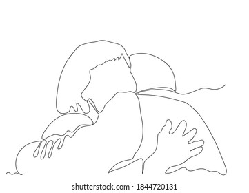 Dibujo continuo en la línea negra de un hombre y una mujer abrazándose. Fondo blanco extraíble.