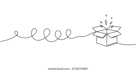 Continuous black line drawing open cardboard box bursting elements mystery surprise concept illustration
