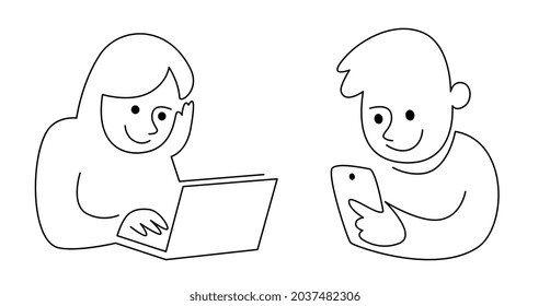 Continuous black line drawing, portrait of a smiling man looking into a laptop, smartphone.