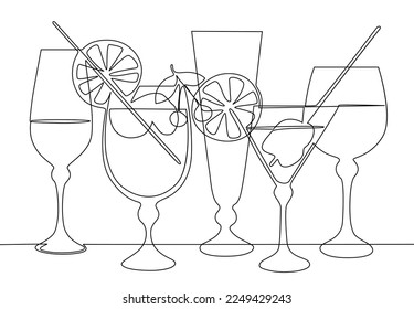 Continuous black line drawing of wine glasses of different sizes and shapes with wines and cocktails isolated on white. Vector illustration