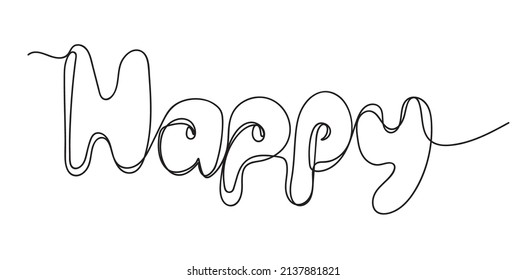 Continuous black line drawing word happy.Vector illustration
