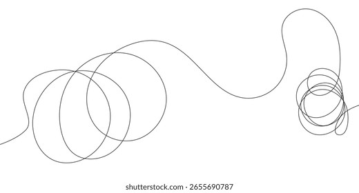 A continuous black line gracefully traverses the white space, weaving large, soft circles on the left and coalescing into a tight, chaotic jumble on the right side