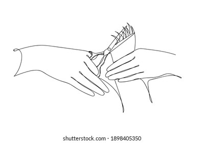 Continuous black line of hands with scissors.