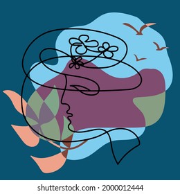 Imagen continua de la línea negra de un perfil femenino con flores en el cabello sobre un fondo de hojas, cielo y pájaros. Negro sobre azul, rosa, lila y verde.