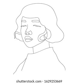 Continuous оne black line on white background, drawing of asian woman face beauty with short hair in a blouse. Flat illustration for contemporary fashion concept in a minimalist, abstract style. 