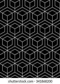 Continuous black pattern, illusive motif abstract background with geometric figures. Monochrome decorative seamless wallpaper, can be used for design and textile.