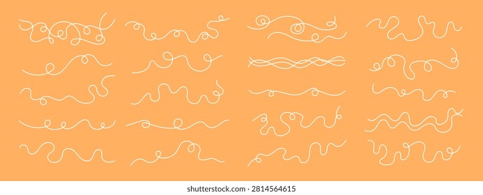 Continuous black squiggle line cable abstract wavy vector illustration set pattern on white background. Cable thread that curved and flows horizontally with organic squiggle line loop tangle curves.