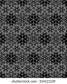 Continuous black and white pattern, illusive motif abstract background with geometric figures. Monochrome decorative seamless backdrop, can be used for design and textile.