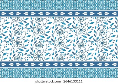 continuous blue floral border artwork with clean outline sketches and modern botanical flow for fabric production

