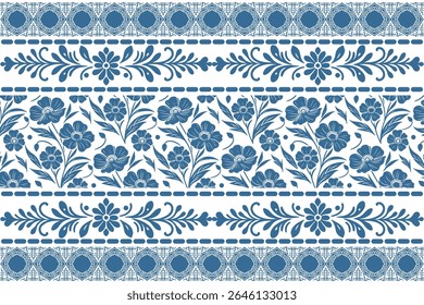 continuous blue floral line pattern with elegant ornamental border and delicate botanical illustrations for textile use

