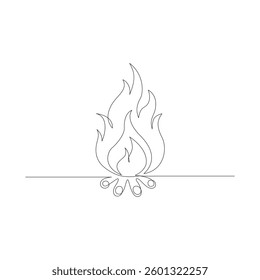 Continuous Bonfire in one line art drawing style. Campfire black line illustration