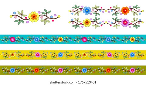 Continuous border ornament of red, blue, yellow geranium, stylized, hand drawn, for embroidery of folk costume,for a belt or ribbon, for decoration of wedding invitations and cards