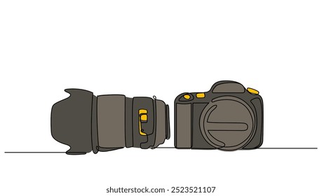 Kontinuierliche Kamera DSLR und Objektiv Vorderseite Isolierte flache Farbe. Konzeptfotografie, Business, digitale Vektorgrafik	
