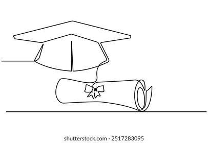 Continuous cap one line art drawing of graduation hat concept outline vector, Graduation Single Line Icon, one line drawing of graduation cap isolated on white background vector illustration