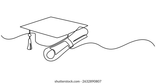Continuous cap one line art drawing of graduation hat concept outline vector, graduation cap with degree certificate, Concept of student of university college and school. Doodle vector illustration.