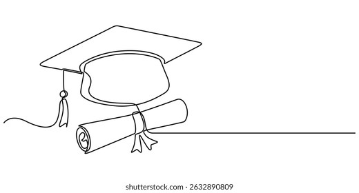 Contínuo cap uma linha desenho de arte de graduação que conceito esboçar vetor, cap de graduação com certificado de grau, Conceito de estudante de faculdade universitária e escola. Ilustração vetorial de rabiscar.