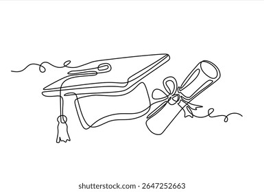 Continuous cap one line art drawing of graduation hat with diploma with ribbon concept outline vector. Hand drawn one line vector. Editable stroke