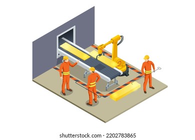 Máquina de fundición continua. Trabajador que controla la fusión de metal en hornos. Producción isométrica de acero industrial y metalurgia. Producción de vallas de acero.