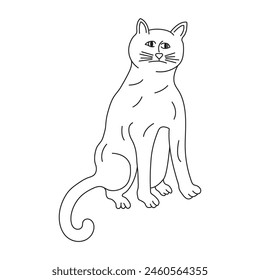 Continuous cat animal one line Vector outline illustration, Vector isolated cute cartoon sitting cat colorless black and white contour line doodle drawing