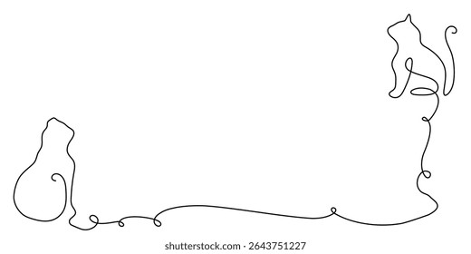 Continuous cat line one animal draw pet sketch outline vector drawing. Two line cat doodle happy couple 2 kitten white black background cute clipart friendship silhouette contour illustration back art
