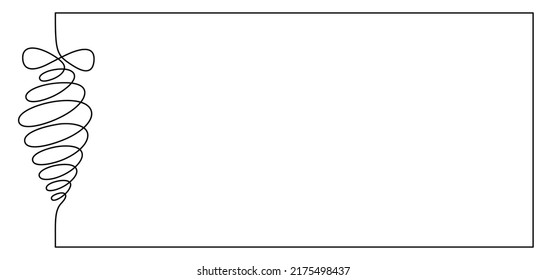 Continuous Christmas one line frame with fir tree toy. Vector outline greeting card with new year decoration, template for Christmas invitations, certificates with copy space for text