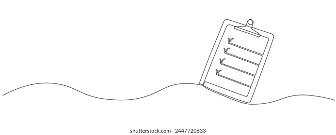 Dibujo continuo de líneas de Portapapeles con lista de comprobación, lista de tareas pendientes, conceptos de prueba y generación de informes. Ilustración lineal simple con trazos editables. Ilustración vectorial.