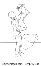 continuous contour drawing of a heterosexual couple of newlyweds. The bride and groom look at each other. A man holds a woman in his arms. Vector illustration for animation.