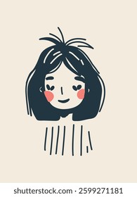 continuous contour drawing of a smiling girl, trendy style