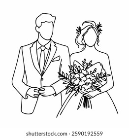 Continuous contour line bride and groom art - wedding ceremony