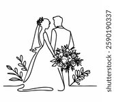 Continuous contour line wedding drawing easy - bride and groom holiday