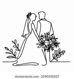 Continuous contour line wedding drawing easy - bride and groom holiday