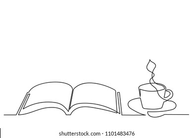 continuous cup of coffee and an open book. concept of knowledge, training in cafe. Hot tea.